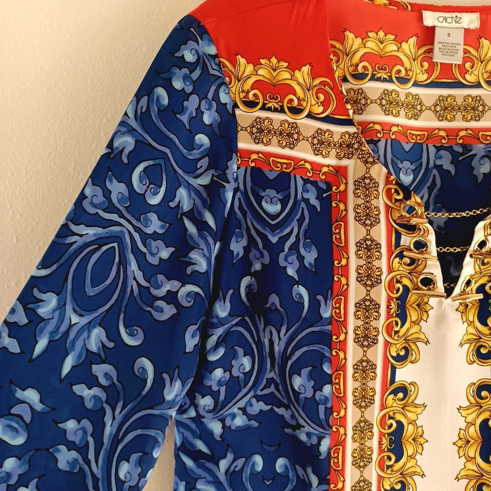 CACHE Blue & Red Blouse with Chains, size S - Picture 6 of 16